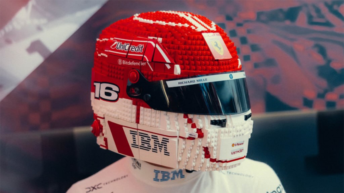 Watch Charles Leclerc try on a 3,500-piece LEGO F1 helmet